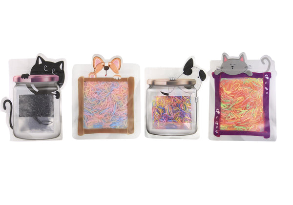 Estuche de ligas elasticas mini en bolsita variedad de figuras perritos / gatitos liguitas variedad de colores Neon / Metalicas / Negras / Pastel