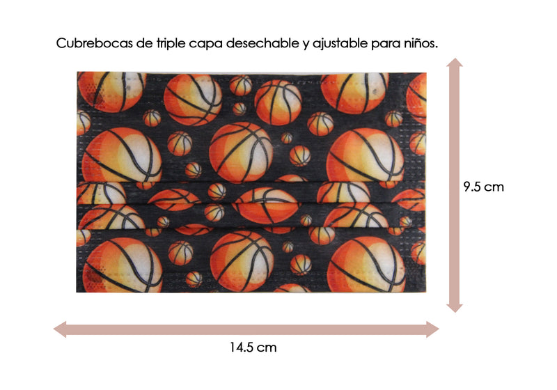Cubrebocas 3 Capas de Sellado Ultrasónico Plisado Infantil Deportes Color Negro Balones Basket