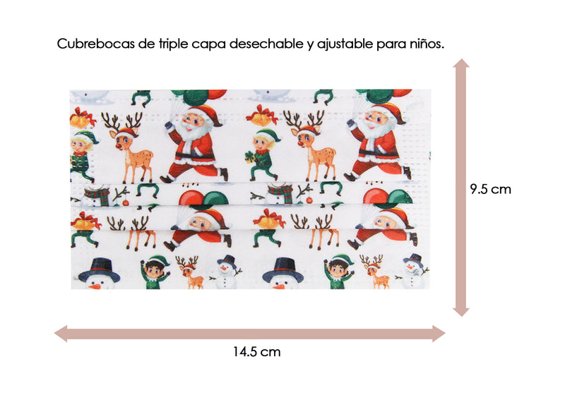 Cubrebocas Navideño Infantil color Blanco Mono de Nieve / Santa Claus / Duende / Reno