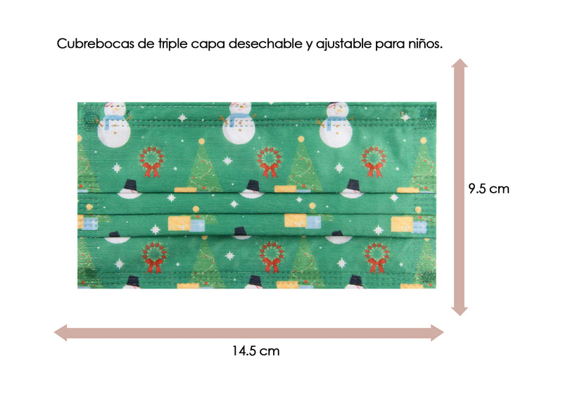 Cubrebocas Navideño Infantil color Verde Limón con Monos de Nieve y Pinos de Navidad