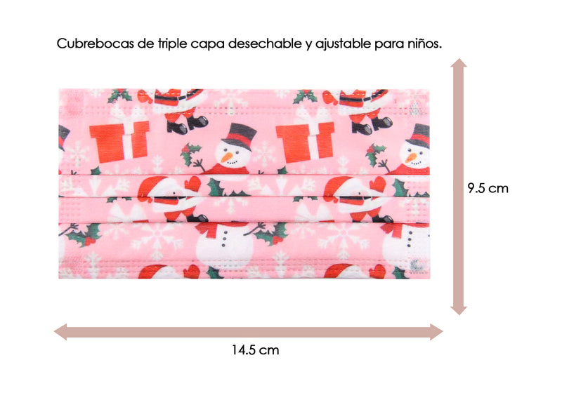 Cubrebocas Navideño Infantil color Rosa Pastel Mono de Nieve y Santa Claus