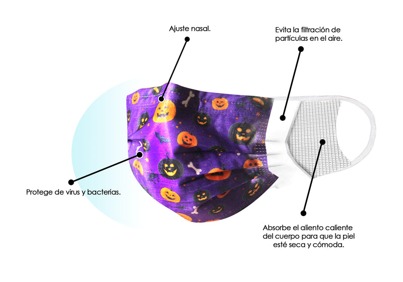 Cubrebocas 3 Capas de Sellado Ultrasonico Plisado Infantil Halloween Morado con Calabazas Naranjas y Negras 10 Piezas