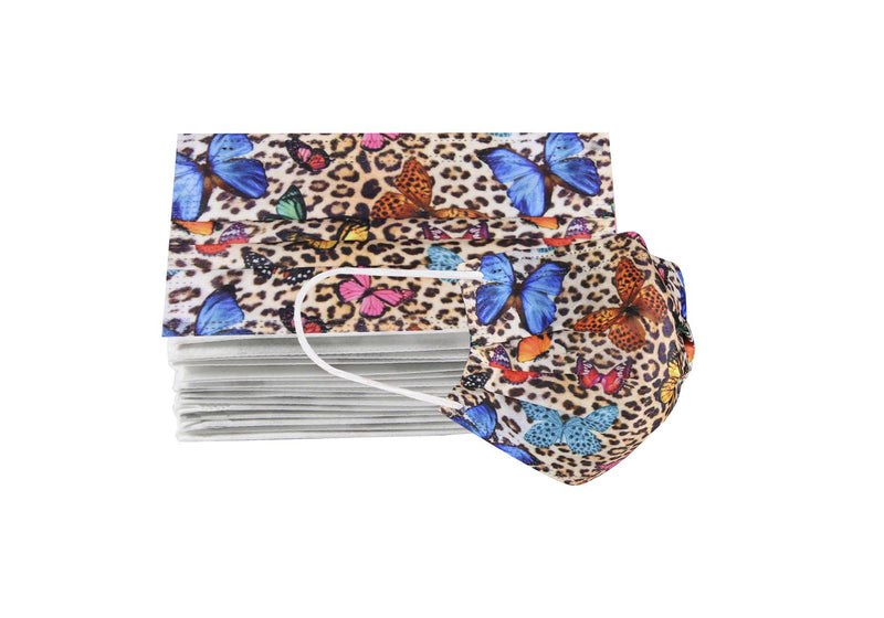 Cubrebocas 3 Capas de Sellado Ultrasonico Plisado Animal Print Leopardo con Mariposas Colores 10 Piezas