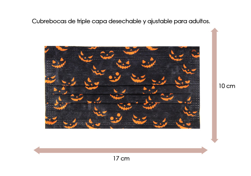 Cubrebocas 3 Capas de Sellado Ultrasónico Plisado Halloween Negro con Naranja 10 Piezas