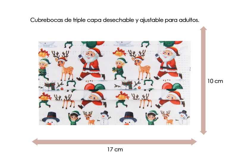 Cubrebocas Navideño color Blanco Mono de Nieve / Santa Claus / Duende / Reno