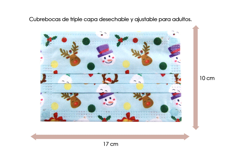Cubrebocas Navideño Adulto color Celeste con Monos de Nieve / Renos / Oso Polar / Campanas