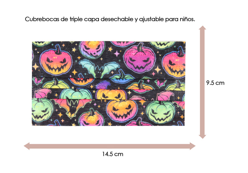 Cubrebocas 3 Capas de Sellado Ultrasonico Plisado Infantil  Halloween Negro con Calabazas Multicolor fucsia/amarillo/naranja/verde/aqua 10 Pieza
