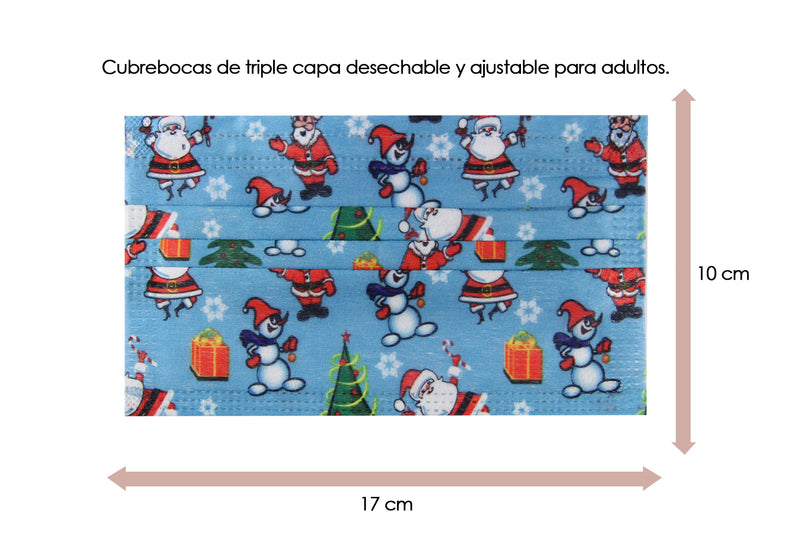Cubrebocas Navideño color Aqua Santa Claus / Mono de Nieve / Pino de Navidad